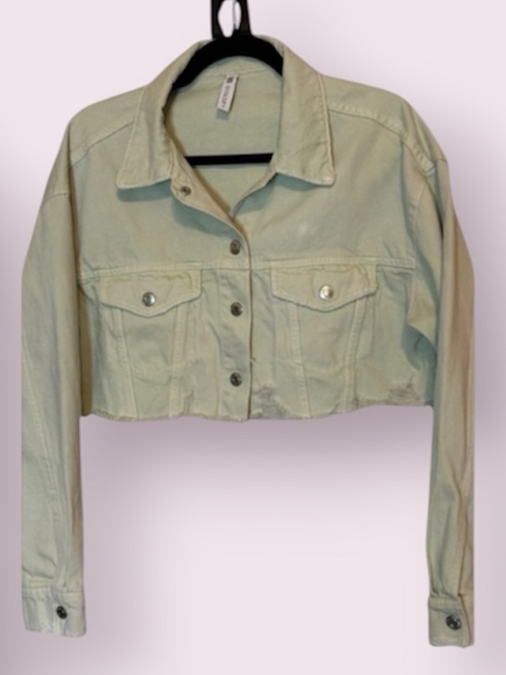 Zara Cropped Denim Jean Jacket Distressed Holes Light Green Size Medium